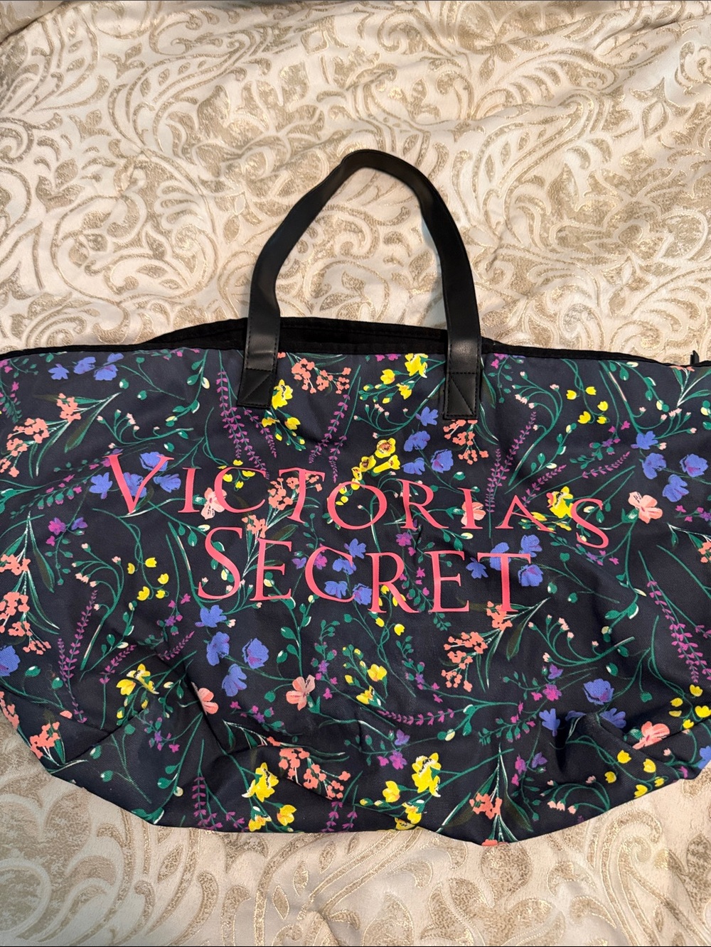 Victoria's Secret Black Floral Logo Tote-weekender bag